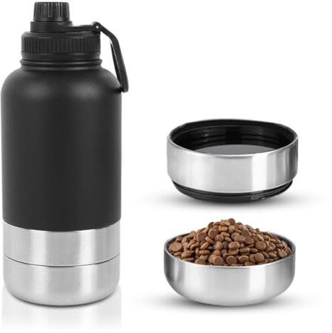Gourde pour chien - Pour les déplacements - 950 ml - 4 en 1 - Avec gamelle d'eau et gamelle - Bouteille d'eau isolée en acier inoxydable - Sans BPA - Accessoire pour chien - Pour voyage, randonnée