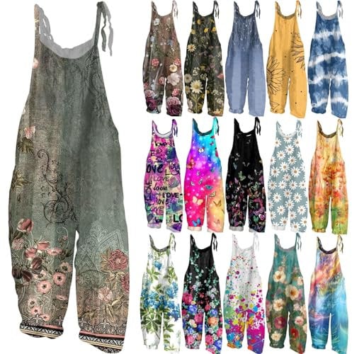 HUNUBU Summer Boho Cotton Linen Hippy Ladies Womens Printed Jumpsuits Dungarees Dresses Clothes Jumpsuit Rompers for Women Uk Dark Green L
