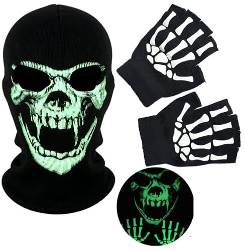 SGHE Skelett Schädel Halloween Masken Mit Handschuhen leuchten Im Dunkeln Sturmhauben Gesichtsmaske Für Geschenk Spiel Cosplay Kostüm Radfahren Im Freien Sportlich Camping Wandern Warm