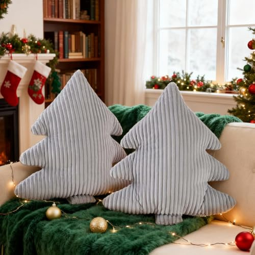 Lanpn 2 Stück Weihnachtsbaum Kissen Weihnachtskissen, Schmale Streifen Weihnachts Kissen Dekokissen Flauschiges Zierkissen für Party Bett Sofa Couch Innenbereich Weihnachtsdeko (Grau, 45,5x41cm)