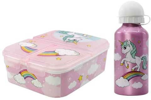 WS-Trend Einhorn Kinder Lunch Set – 2-teilig mit Brotdose (3 Kammern) & Aluminium-Trinkflasche (400 ml) – Rosa Unicorn Design – Ideal für Kindergarten, Schule & Ausflüge