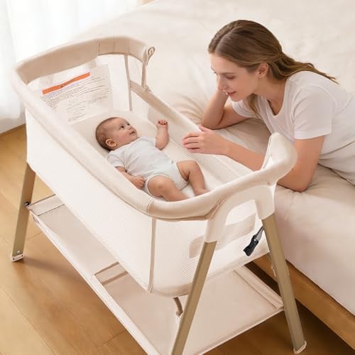 cozydwells Next to Me Crib, 3 in 1 Baby Beside Crib for Babies from Birth to 9kg, Portable Travel Cot Bed with Wheels, Storage, Mosquito Net and Matress Baby Co-Sleeper for Newborn Infant Beige