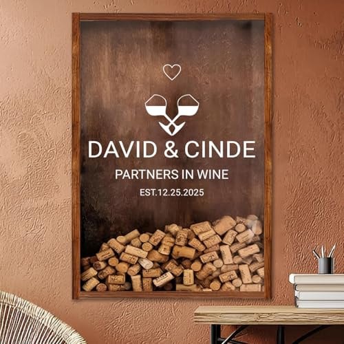 SENSING Personalised Wine Cork Shadow Box, Custom Wooden Cork Box Frame with Name or Logo, Acrylic Front Cork Display for Weddings, Couples & Anniversaries, Wall or Tabletop Gift