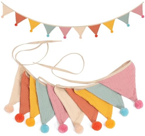 Wimpelkette Kinderzimmer,Musselin Baumwolle Stoff Wimpelkette,Girlande Kinderzimmer Deko zum Aufhängen, Hausbett Deko Mädchen & Jungen,Wanddeko Geschenk,Babyzimmer Dekoration (Regenbogenbonbons)