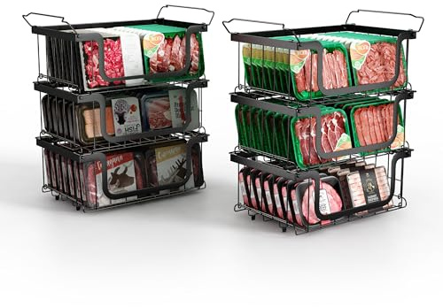 Elayu 6er Gefriertruhe korb,körbe für gefriertruhe stapelbar | gefriertruhe organizer,gefrierschrank organizer,stapelkörbe,Schwarz,40.5L x 33B x 20.3H CM
