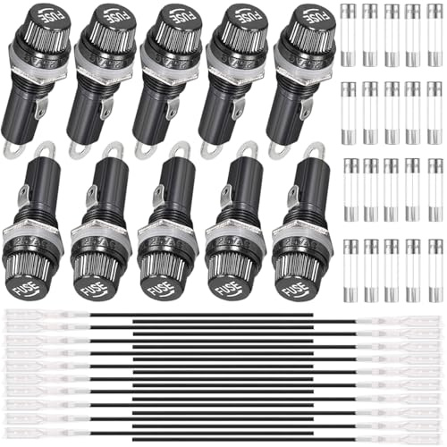 HAAMNING7 10 Stück Sicherungshalter für Schalttafelmontage, 6x30mm 250VAC 10A, 125VAC 15A schwarzer Sicherungshalter mit Schraubverschluss und flinker Sicherung für Radio automatische Stereoanlage