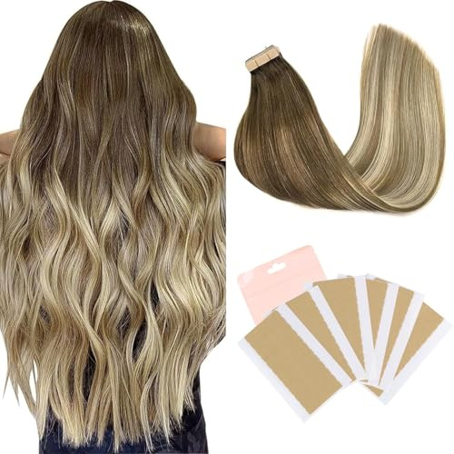 GOO GOO Tape in Extensions Echthaar & Ersatzband Kit, 40cm 50g 20pcs (T3/8)613 Ombre Blond Extensions Echthaar & 72pcs/pack 4cm×0.8cm Invisible Tape