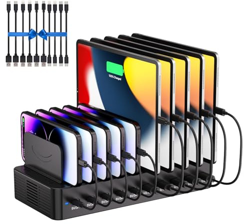 100W USB Charging Station, 10 Ports Multi USB charger with 10 Charging Cables Included, Charging Station for Cell Phones, Tablets, and Other Electronics