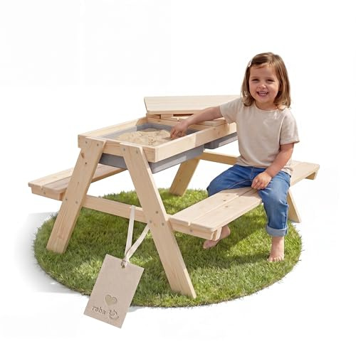 roba Kindersitzgarnitur PLAY for 4 Outdoor+ mit Spielwannen - Massivholz Sitzgarnitur & Matschtisch - Natur