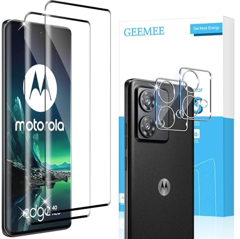 GEEMEE para Motorola Moto Edge 40 Neo 3D Protector de Pantalla de Lente de cámara, 2+2 Piezas Cristal Templado Película Vidrio Templado, Instalación Rápida 9H Alta Definicion Glass