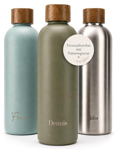 T&N Personalisierte Edelstahl Trinkflasche 1l mit Namen & Laser-Gravur, auslaufsichere Thermosflasche 1 Liter für Kohlensäure, Wasserflasche Geschenk-Idee für Frauen, Mama, Freundin Geburtstag