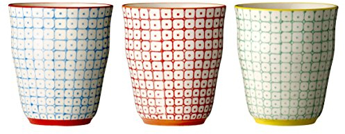 Bloomingville Latte Macchiato Becher ohne Henkel Carla Retro Tee-Tasse Kaffee-Becher Vintage Set Ø 8,5 x H 9,5 cm, blau rot grün, Keramik, 3er Set, fasst ca. 300 ml