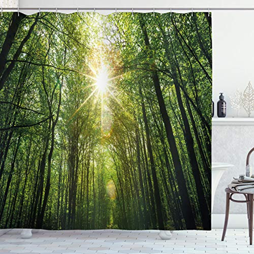 ABAKUHAUS Wald Duschvorhang, Sommer-Baum Untersicht, Stoffliches Gewebe Badezimmerdekorationsset mit Haken, 175 x 200 cm, Farngrün Gelb