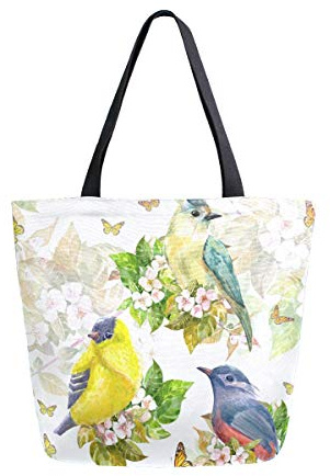 Mnsruu Canvas Handtasche Schultertasche, Frauen Griff Einkaufen Crossbody Tasche, Wasserfarben Vintage Schöne Vögel Blumen Schmetterling Tote Casual Strand Multifunktionstaschen für Damen Frauen