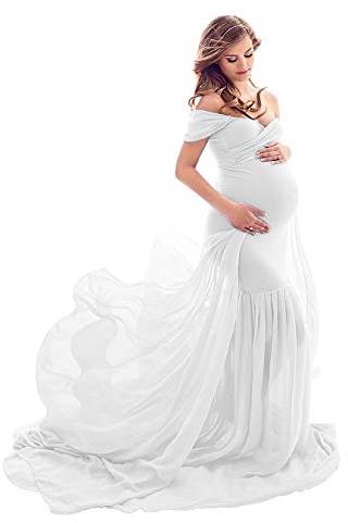 ZIUMUDY vestido de gasa con hombros descubiertos para maternidad, vestido de gasa de sirena para fotografía, vestido de fiesta para bebé - Blanco - Talla única