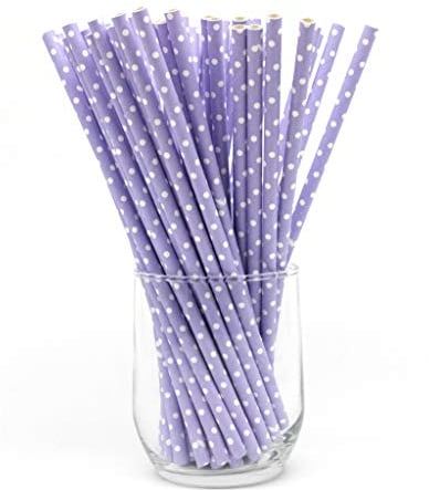 Fancy Paper Drinking Straws 100 Pcs Bulk Biodegradable Plastic Free Straws for Parties, Baby Birthdays, Weddings Party, DIY Decorations, Valentines, in Bright Color Striped (Purple with White Dots)