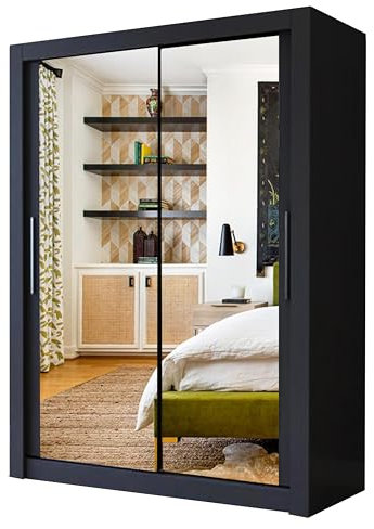 A.C. Milan Modern Double Mirror sliding door wardrobe with LED Light Width 100cm/120cm/150cm/180cm/203cm/250cm (120, Black)