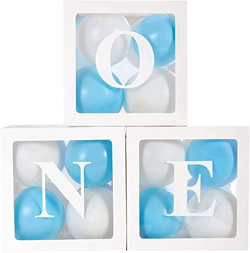 1st Birthday Party Decorations Boxes for Boys, 3Pcs Balloon Boxes with 24 Blue White Balloons and ONE Letters, Balloon Blocks for Baby First Birthday Backdrop, 1 One Year Old Birthdays Party Supplies