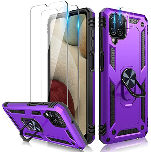 TOCOL 1+2+2 pièces Compatible avec Coque Samsung Galaxy A12 5G, 2 pièces Verre Trempé Protection Ecran et 2 pièces Caméra Arrière Protecteur Coque Samsung A12 Antichoc Étui - Mauve