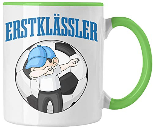 Trendation - Einschulung Junge Geschenk für Schultüte Füllung Tasse Schulstart 1. Schultag Schuleinführung Schulanfang Geschenkidee Schulkind Jungs Fussball (Grün)