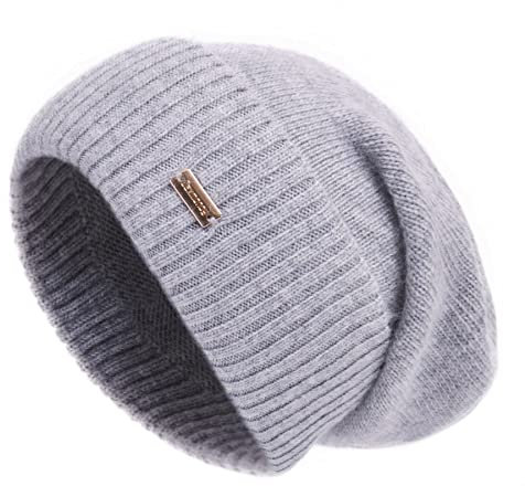 jaxmonoy Kaschmir-Mütze für Damen, Winter, leicht, Wolle, Strickmütze, Bündchen, weich, warm, Slouch-Beanie-Mütze, Hellgrau, Einheitsgröße