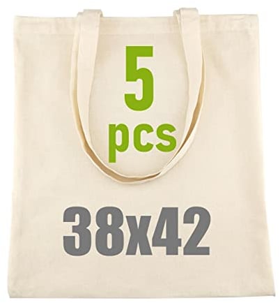 IDEA HOME Bolsa de Yute - Pack de 5 Bolsas de Algodón 100% - Bolsa de Tela para Pintar - 38x42 cm, 144 g/m² - Lona con Asas Largas - Reutilizable para Transporte