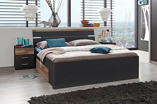 möbelando Bettanlage Jugendbett Bettgestell Ehebett Bettrahmen Doppelbett Bett Isobel I Graphit/Montana Oak