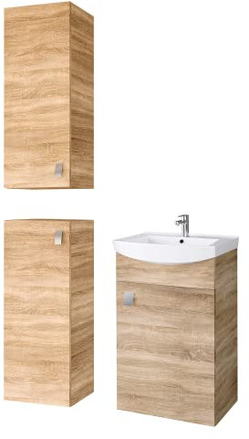 Planetmöbel Badmöbel Set Waschtisch mit Unterschrank 45 x 60 x 33 cm mit 2X Midischrank 32 x 75 x 23 cm für Badezimmer, Gäste WC & Bad, Sonoma Eiche