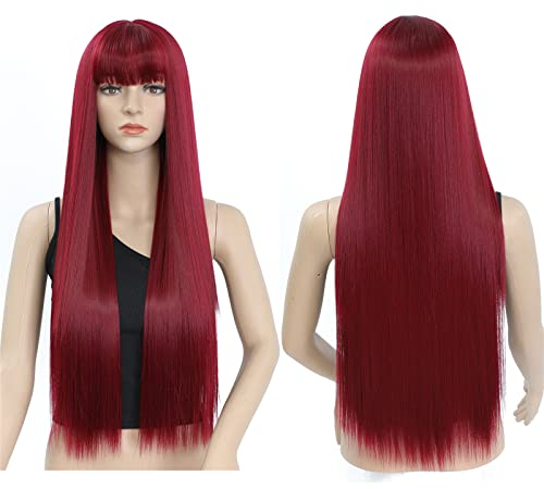 Perücke Rote Lang Gerade Perücke mit Pony für Damen, 30 Zoll Synthetische Kunstfaser Glatte Perücken für Frauen, Long Red Fringe Bangs Wig for Women