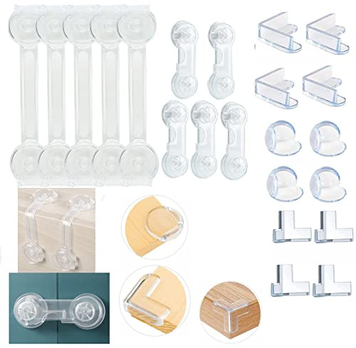 10 Stück Kindersicherung Schrank und 12 Stück Ecken-Kantenschutz Set, Seloxmcs Selbstklebende Baby Schubladensicherung für Tür Schränke Kühlschrank und Schubladen mit Starker Kleber ohne Bohren