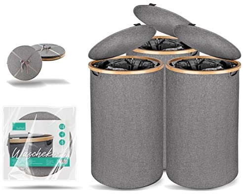 BAHOLI 3er SET Wäschekorb mit Deckel [100L] - Runder Wäschesammler mit herausnehmbaren Wäschesäcken - Faltbare Wäschebox mit stabilem Stand - Wäschetonne rund - Laundry Baskets