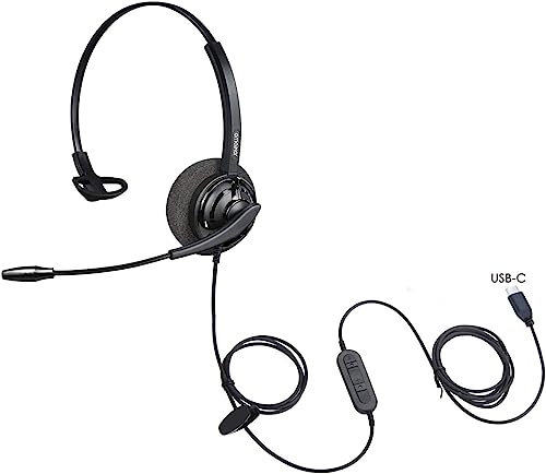 Call Centre USB-C Single Ear Headset with Microphone for Laptop, Noise Cancelling Mic & Audio Controls, for Smartphone, Tablet, Laptop, Works with Skype Teams, Zoom, Business Office