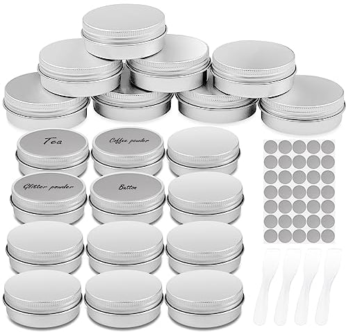 Firschoie 20 Pièces Pots Cosmétiques Vide en Aluminium, 20ml Mini pot avec bouchon à vis, cannette vide Avec 28 autocollants ronds et 4 spatules, Idéal pour maquillage, crèmes, lotions