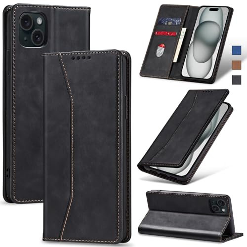 Jasonyu Funda para iPhone 15 Plus, Cuero PU Carcasa, Tipo Libro Flip Case con Tarjetas y Cartera, Soporte Plegable, Cierre magnético, Capa (Negro)
