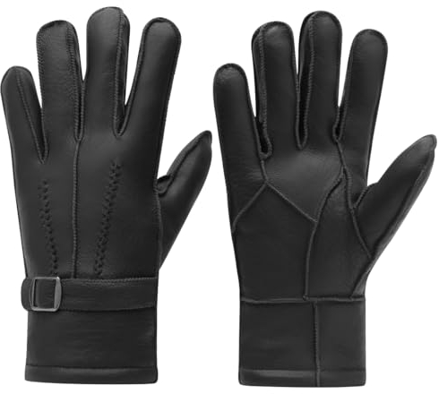 Harssidanzar Herren Winter Lederhandschuhe Hirschleder Handschuhe Soft Shearling gefüttert Winter Wärme Fahren SM042EU,Schwarz,Größe M