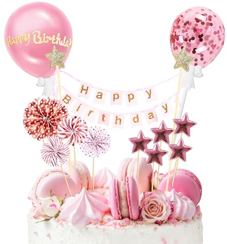 Simsky 12 Pièces Décorations de Gâteaux en Rose, Happy Birthday Decoration Gateau, Paillettes Cupcake Toppers, Topper Gateau, Décorations de Gâteaux à Paillettes, pour Enfants Fête Anniversaire