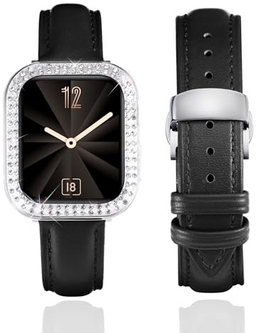 BINLUN Leather Strap Compatible with Apple Watch 45mm 44mm 41mm 40mm Women Leather Band with Glitter Diamond Rhinestone Case Compatible with iWatch Series 9/8/7/SE2/SE/6/5/4(40mm,Black)