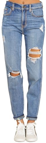 Roskiky Damen High Waist Jeans - Sommer Hose Mit Stretch, Gerades Bein Und Löcher - Hellblau M