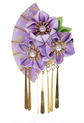 C-119-3 Lila Handmade Fächerform Sakura Kirschblüte Stoff Blumen Quasten Haarclip Haarspange Japan Geisha Kimono Accessoir