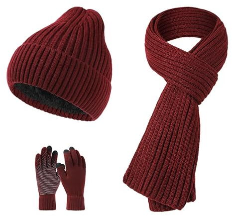 Schal Mütze Handschuhe Set 2024 Warm Schal Hut Handschuhe Damen Neue Winter Verdickte Warme Mütze Schal Handschuh Gestrickt Drei Set Handschuhe Schal Set für Mädchen, rot, One size