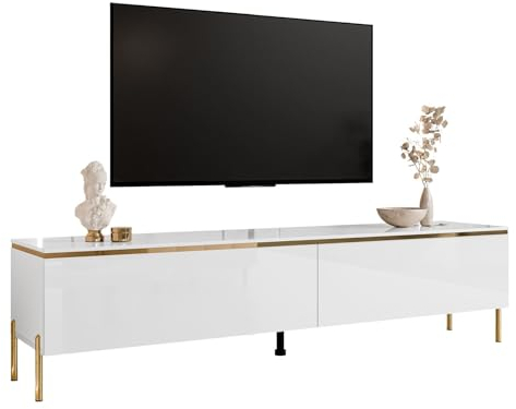 lukmebel - TV-Schrank für Wohnzimmer Möbel - TV-Board Lowboard Fernseh-Schrank Fernsehtisch TV-Kommode mit Beinen in Gold - 180x40x46 - Glanz Weiß Gold - Aurora