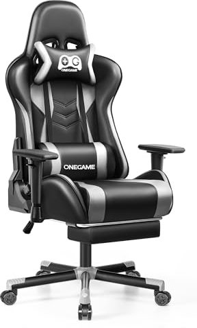 OneGame Gaming Stuhl mit Fußstütze,3D Armlehnen Computerstuhl breit PC Bürostuhl, ergonomischer Videospielstuhl PU-Leder 150KG-200KG, Grau