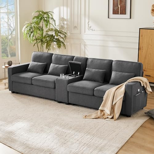 Sapgaks Canapé 4 Places Moderne en Tissu de Lin avec Console, 2 Porte-Boissons, 2 Port de Charge USB,canapé de Style Simple avec Poches accoudoirs et 4 Coussins,Gris foncé