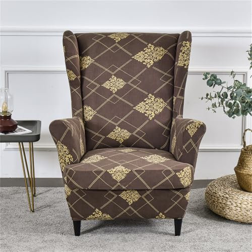 Hixingo 2-Teilig Ohrensessel Überzug, Drucken Sesselbezüge, Mehrfarbig Abnehmbar Polyester Ohrensessel Bezug, für Wohnzimmer Schlafzimmer Hotel Sesselschoner (Kaffee)