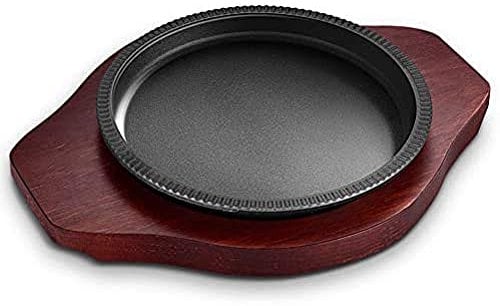 Teppanyaki Piastra rotonda in ghisa con base in legno, ideale per grigliare la carne, padella coreana per barbecue, accessorio da cucina per ristoranti