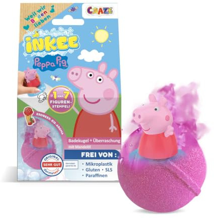 INKEE 80g Peppa Pig Badekugeln mit Überraschung - Peppa Wutz Badezusatz | Sprudelnde Badebombe für Kinder mit Erdbeer-Duft, 1 von 7 Peppa Wutz Stempeln zum Sammeln, TÜV geprüft und Mikroplastikfrei