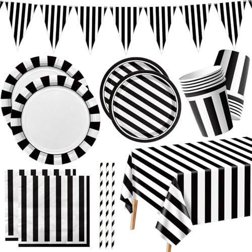Fournitures De Fête Rayées Noir Et Blanc, Décoration De Fête En Noir Et Blanc Avec Assiettes En Papier Serviettes De Table Nappe Gobelets En Papier Drapeaux Pour Anniversaire Mariage Baby Shower