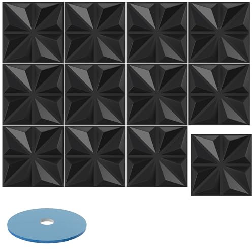 SUBTLETY 3D Wandpaneele Kunststoff 50x50cm Wandverkleidung Deckenpaneele 12 Stück Dekoren Wandtattoos Deckenplatten Hochsteifes PVC Wanddeko Paneele 3m² Wandplatten für Küche Bad Büro (S032 Schwarz)