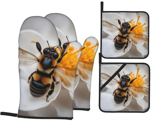Ofenhandschuhe und Topflappen mit Bienenwaben-Druck, für Küche, Backen, Kochen, Grillen und Außenbereich