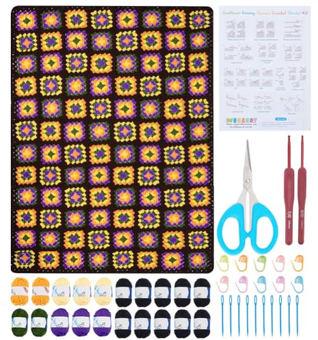 WEBEEDY Grundlegendes Granny Square Häkeldecken Set Für Anfänger Komplettes Häkelset Zum Selbermachen Mit Schritt Für Schritt Videoanleitungen Für Erwachsene Häkeldecke Zu Stricken,70x90cm